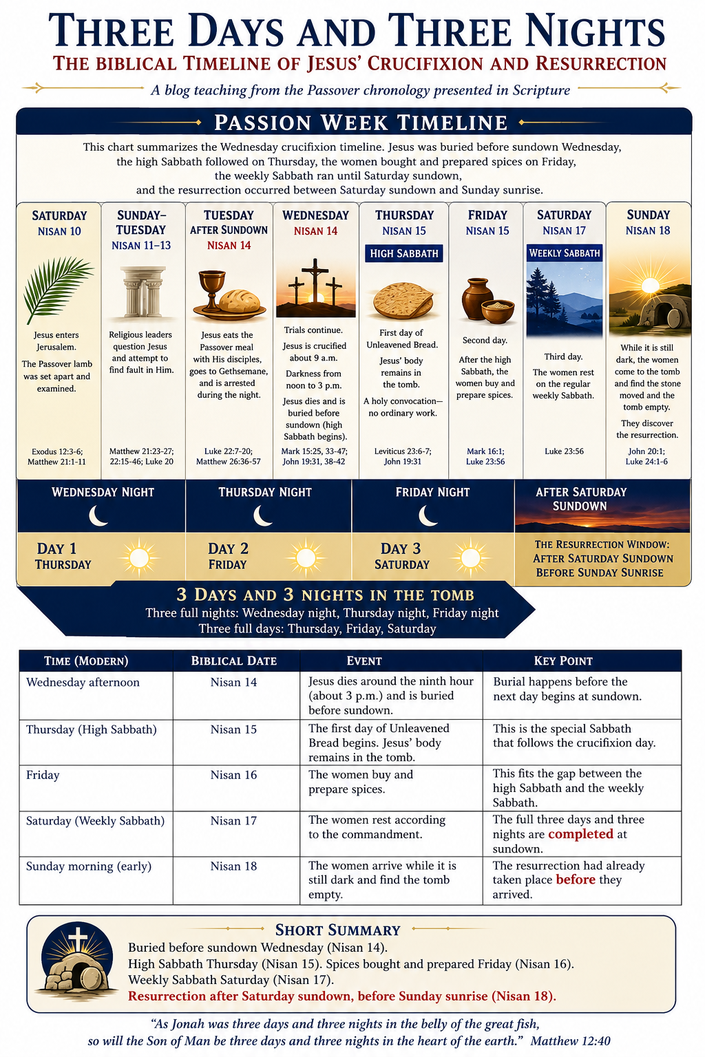 Wednesday crucifixion and resurrection timeline showing three full days and three full nights