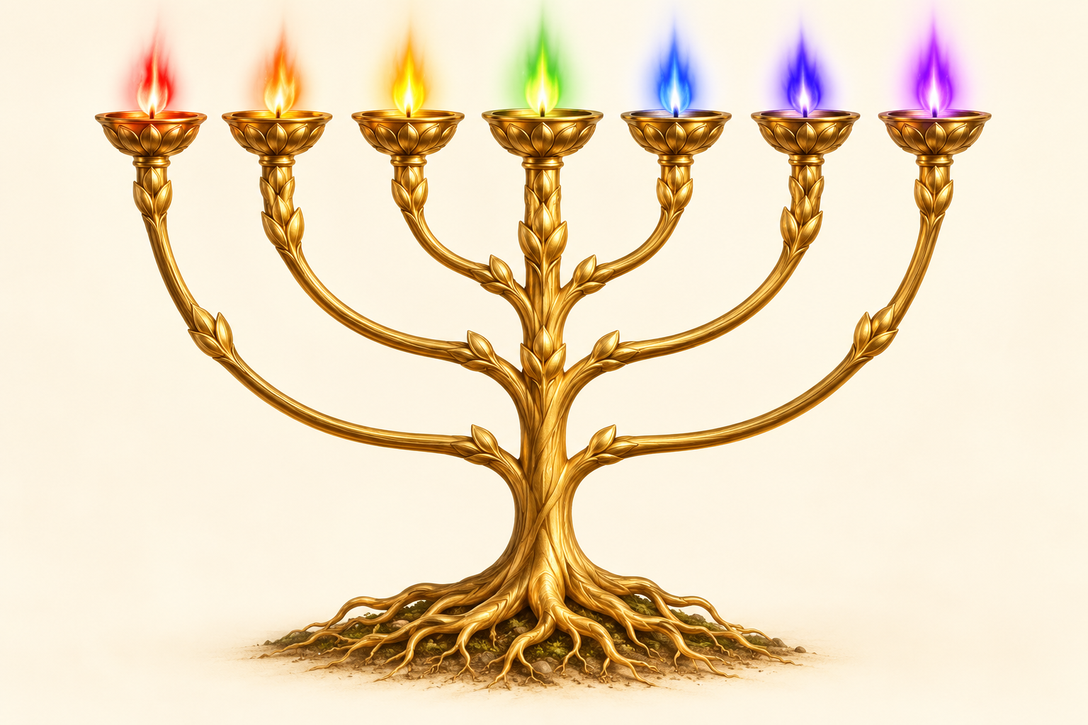Artistic reconstruction of a rooted seven-lamp lampstand with seven colored flames